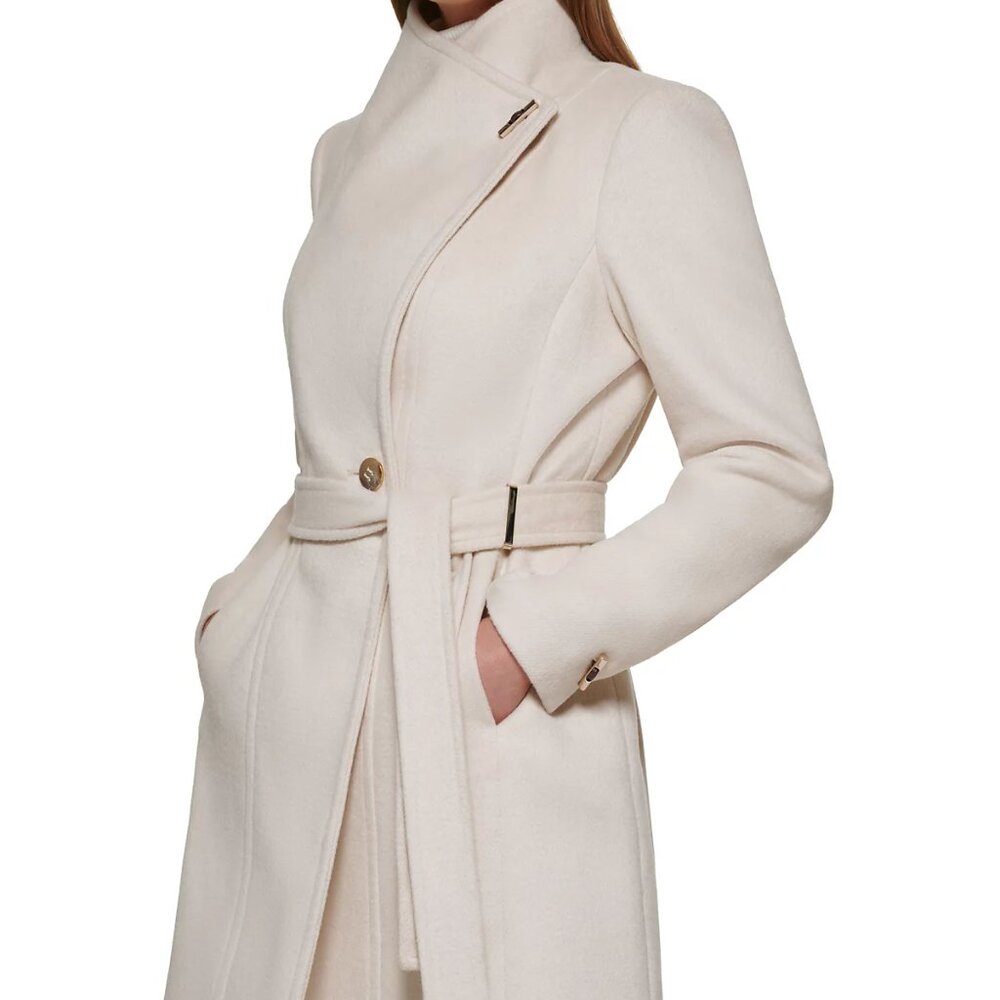 NWT Calvin Klein Ivory Beige Nude Petite PXS Asymmetrical Belted Wrap Coat Women